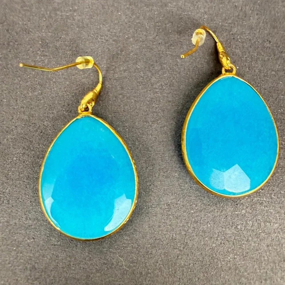 Turquoise Teardrop Earrings Faceted Stone Gold Tone Bezel Dangle Bohemian Style